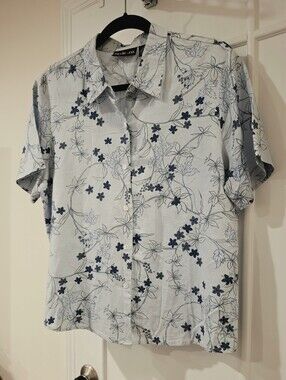 Style & Co Linen/Cotton Short Sleeve Blouse - Blue Floral - Sz 16